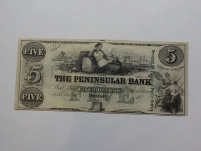 Currency Note 1800s 5 Dollar Bill The Peninsular Bank Detroit Michigan Money VTG - Image 1 of 2