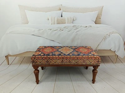 handmade ottoman pouf wood work piano bench dining table bench printed rug bench - Image 1 of 4