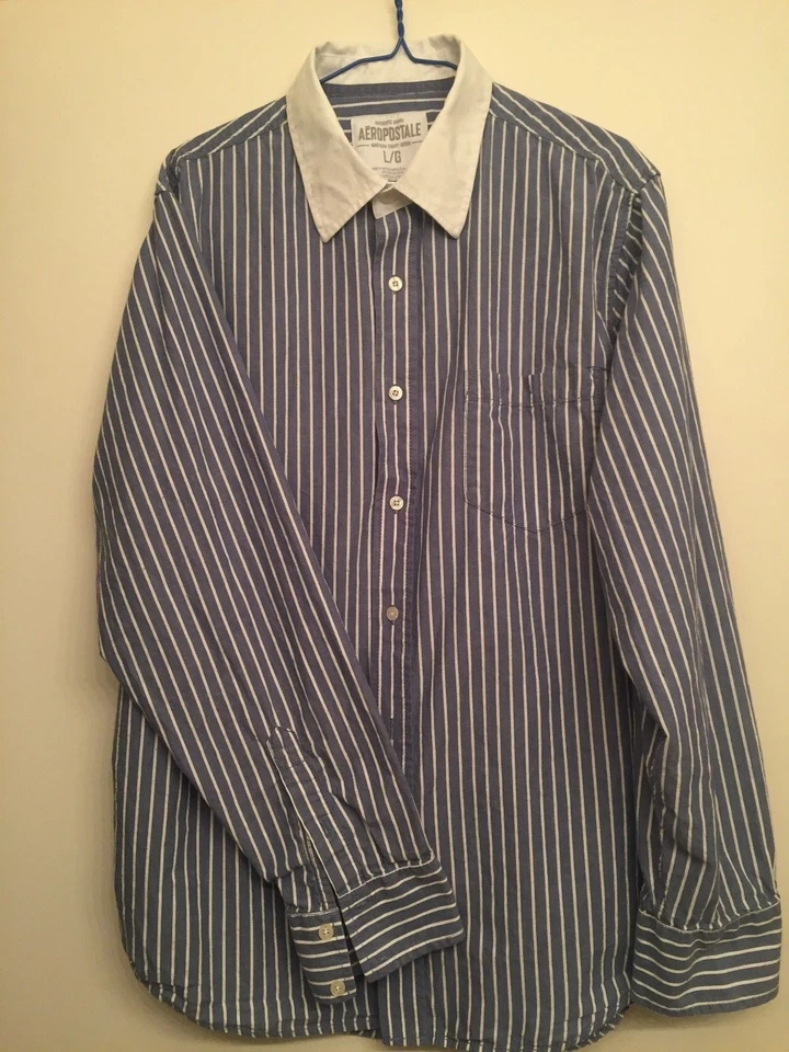  CAMISA DE VESTIR HOMBRE AEROPOSTALE GRIS MANGA LARGA RAYAS, TALLA L, 100% ALGODÓN Foto 1 de 2