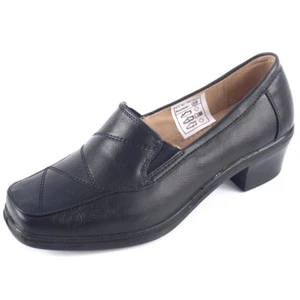 LADIES WOMENS BLACK LEATHER INSOLE COURT HEELS OFFICE WORK SLIP ON LOAFERS SHOES - Picture 1 of 7