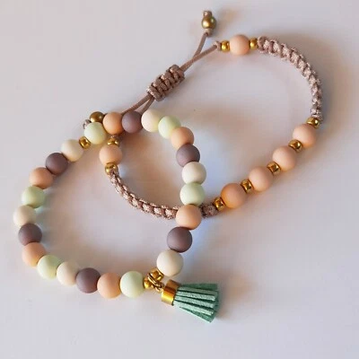 Armband BOHO Set mit Perlen / 2-teilig / Stretch & Makramee Pastell &Champagner  - Bild 1 von 4