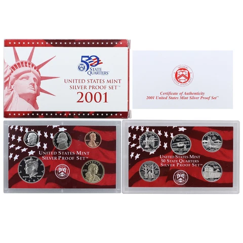 2001 S Proof Set Original Box & COA 10 Coins 90% Silver Cover