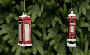 Glass Christmas Tree Decorations Postbox/Telephone 11cm Pack x2 Assorted - Picture 1 of 1