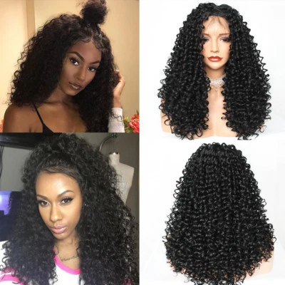 Peluca rizada brasileña de encaje frontal larga color negro peluca de cabello sintético para mujer Foto 1 de 4