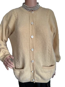 Vintage Blarney Woolen Mills Cardigan Sweater L Cream Yellow Lambswool Angora - Picture 1 of 12