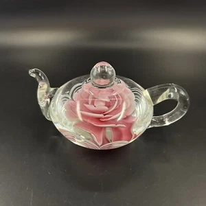 Dynasty Gallery Art Glass Blown Teapot Paperweight Pink Carnation - Picture 1 of 6