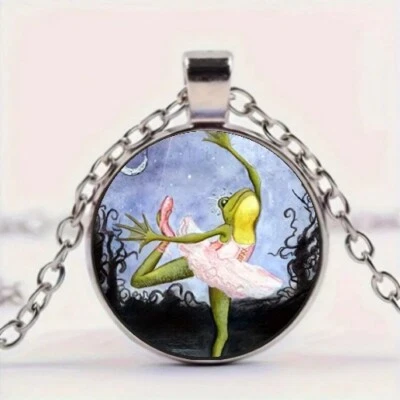 Dancing Ballet Frog Pattern Cabochon Silver Round Pendant Necklace - Image 1 of 4