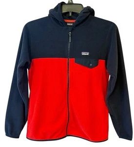 Patagonia Jacket Boys L Blue Red Micro D Full Zip Hoodie Fleece Colorblock - Picture 1 of 13