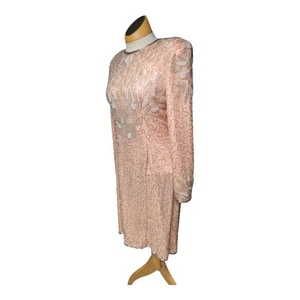 Vtg 1980s Night Vogue Peach 100% Silk Bead Embellished Long Sleeve Mini Dress M - Picture 1 of 7