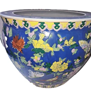 Vintage chinesische Porzellan Fischschale Übertopf - blauer Schmetterling & Blumenmotiv - Bild 1 von 14