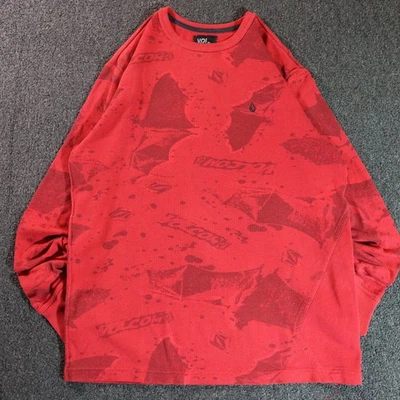Y2K/2000s VOLCOM SPELL OUT GRUNGE AOP RED WAFFLEKNIT SWEATER XL - Image 1 of 4