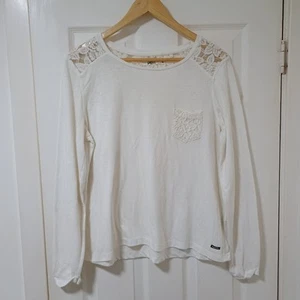Superdry Women's White Top With Breast Pocket & Lace Embellishments Size Large - Picture 1 of 24
