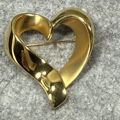 Anne Klein Heart Brooch Pin GoldTone Gloss Matte Open Heart Ribbon Signed AK - Image 1 of 4