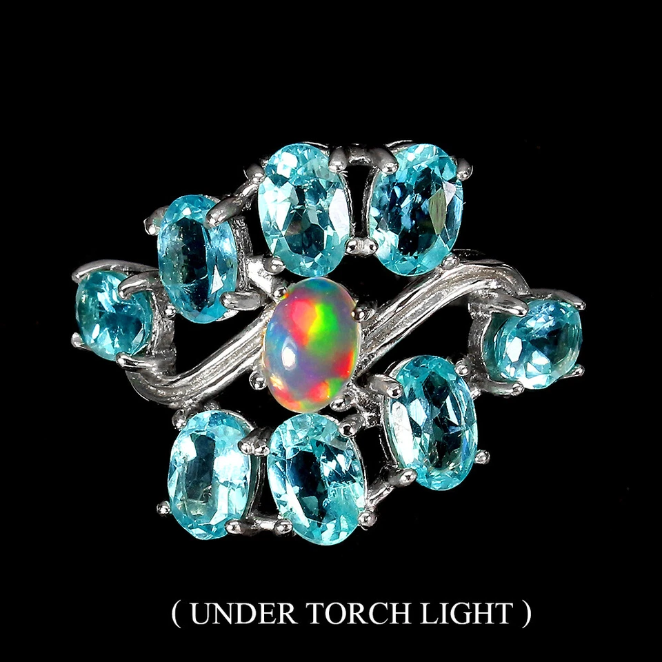925 Anello Argento Sterling Ovale Apatite Opale di Fuoco Gemma Gioielli - Immagine 1 di 4