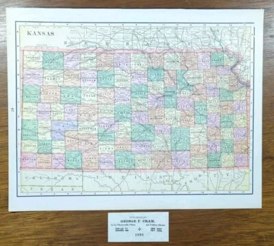 Vintage 1894 KANSAS Map 14"x11" ~ Old Antique Original TOPEKA SHAWNEE COUNTY KS - Image 1 of 4