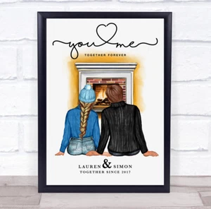 Burning Fireplace Romantic Gift For Him or Her Personalised Couple Print - Picture 1 of 7