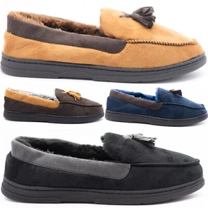 MENS MOCCASINS TASSEL WARM INDOOR FAUX SUEDE SHEEPSKIN FUR LINED WINTER SLIPPERS - Picture 1 of 8
