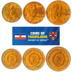 Yugoslav 3 Coin Set 10 20 50 Dinara | Wheat | Flame | Cogwheel | Star | 1955 - Picture 1 of 3