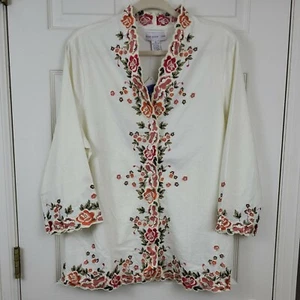 NWT Susan Graver Linen Blend Floral Embroidery Button Up Shirt Jacket Size XL - Picture 1 of 6