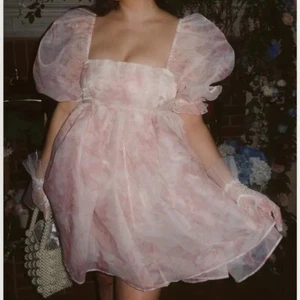 Selkie Puff Organza Pink Floral Square Neck Puff Sleeve Formal Mini Dress Medium - Picture 1 of 9