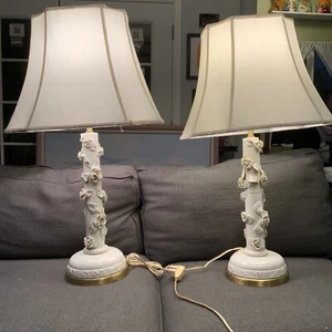 Pair Vintage White Metal Boudoir Table Lamps, Intricate Roses, 33.5” Tall, Rare! - Picture 1 of 24