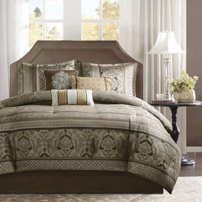 QUALITY BEAUTIFUL CHIC ELEGANT LUXURY GREY GOLD BROWN TAUPE SCROLL LEAF COMFORTER SET