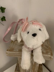Children’s Plush Puppy Purse~White & Pink~Carrying Strap~Zip Compartment~Bows - Picture 1 of 8