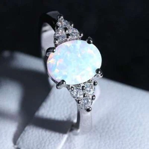 Anello donna opale di fuoco argento sterling 925 oro bianco gemma gioiello anello regalo - Foto 1 di 10