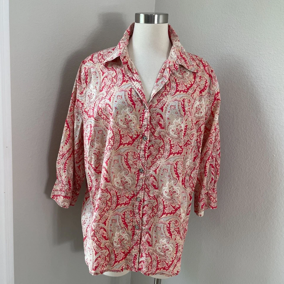 Blusa Top Chaps Para Mujer Plus 2X Camisa Paisley Con Botones Manga 3/4 Algodón Foto 1 de 4