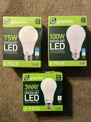 10 greenlite LED A19 Light Bulbs - 4 pk 100W, 4 pk 75W & 2 pk 3 Way 40/60/100 - Image 1 of 4