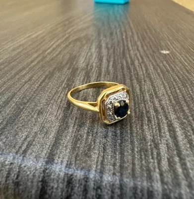 bague en or jaune 18 carats, or blanc frappé et saphir, taille 50 - Photo 1/3