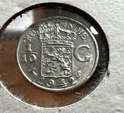 1942 NETHERLANDS EAST INDIES SILVER 1/10 GULDEN NEAR UNCIRCULATED COIN - Image 1 of 2