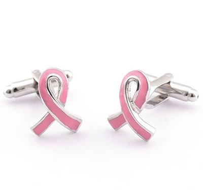 Par de gemelos de concientización sobre el cáncer de cinta rosa en caja de regalo ~ metal latón Foto 1 de 3