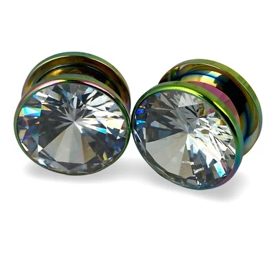 Par de tapones de rosca de acero arcoíris 316L transparentes de ajuste a presión CZ Gem (PS-127) calibres Foto 1 de 4