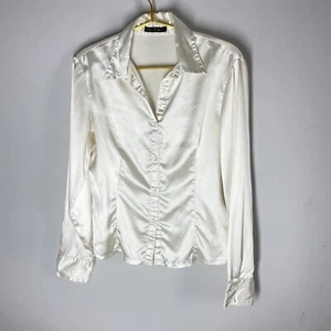 NEONAI Satin Womens Shirt Blouse Top Size L Collared Long Sleeves Glowy - Picture 1 of 7