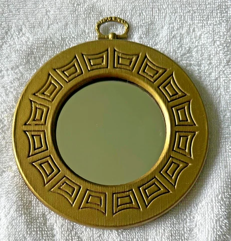 Vintage Small Gold Wood Wall Mirror Round  5" x 5 1/8" Cover