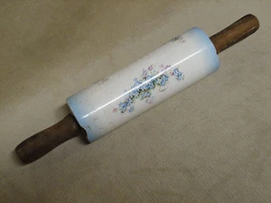 Antique Primitive Stoneware Rolling Pin Blue & White w/ Wildflower Color Design - Picture 1 of 12