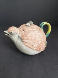 Antigua tetera japonesa Meiji Banko Ware figurativa de arcilla de codorniz esmaltada firmada - Imagen 1 de 24