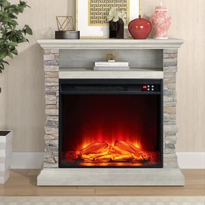 32" Freestanding Faux Bricks Mantel W/23" Electric Fireplace & Remote Control - Picture 1 of 25