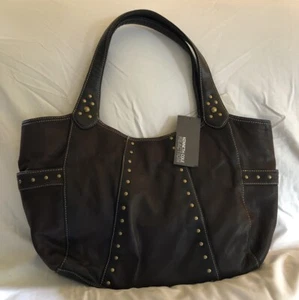 KENNETH COLE REACTION BROWN LEATHER TOTE HANDBAG WITH METAL STUDS NWT - Picture 1 of 5