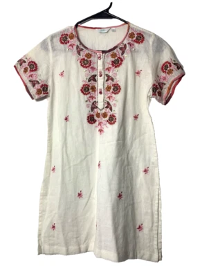 Indian DRESS Top GIRLS SMALL WHITE LINEN FLORAL EMBROIDERY - Image 1 of 4