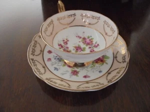 Juego de tazas y platillos de té vintage rosa y dorado floral Regencia Inglaterra porcelana de hueso leer - Imagen 1 de 3