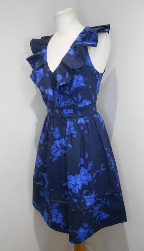 Abito nuovo con etichette Kate Spade Hibiscus con volant scollo a V vestibilità svasata US 2 UK 8 NUOVO floreale