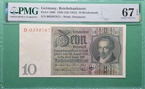 BILLETE DEL IMPERIO DE ALEMANIA 1929 10 MARCOS DEL IMPERIO P#180b PMG 67 EPQ GEMA UNC - Imagen 1 de 2