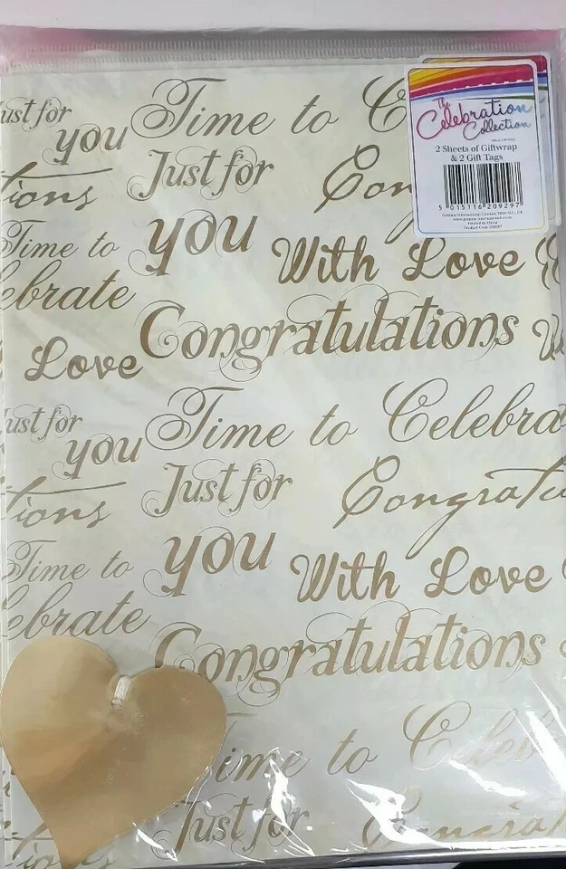 2 sheets of gift wrap & 2 gift tags, congratulations/celebration theme brand new - Image 1 of 1