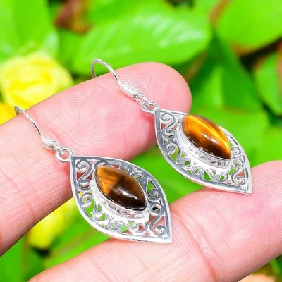 Tiger Eye Gemstone 925 Sterling Silver Gift Jewelry Earring 1.73" X-Mas Gift J52 - Image 1 of 4