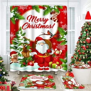 Merry Christmas Bathroom Set with Shower Curtain and Rugs , Santa Claus Xmas ... - Foto 1 di 8