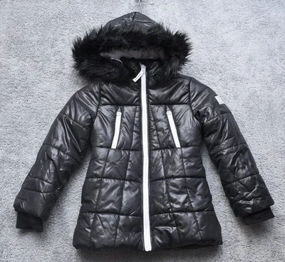 Calvin Klein Hooded Puffer Black Jacket Fleece Lined Faux Fur Girl's Size 6 - Image 1 of 4