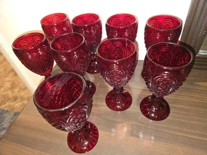 Vintage Ruby Red Water Goblets Wine Glasses  7" Set of 9 New Unused - Picture 1 of 8