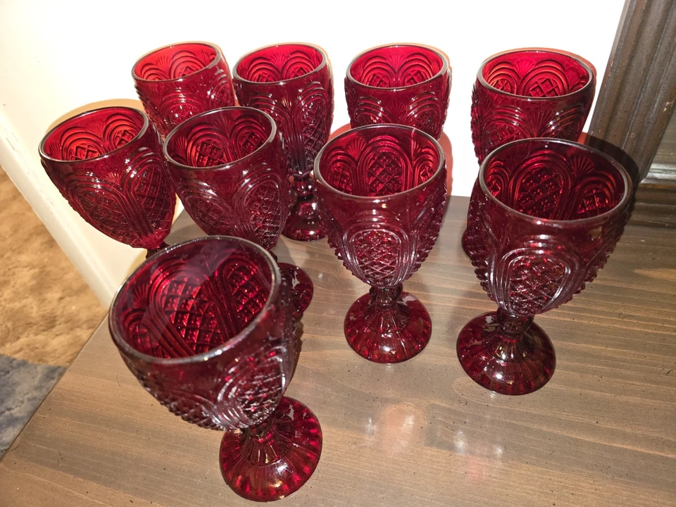 Vintage Ruby Red Water Goblets Wine Glasses  7" Set of 9 New Unused - Image 1 of 4